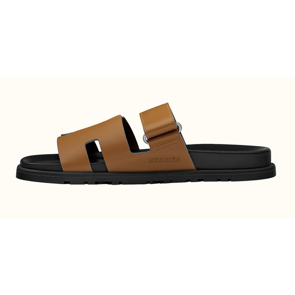 Hermes Chypre Sandal Men Black Brown Leather H Logo Slide Slip On Flat 44.5 11.5 - Picture 8 of 12